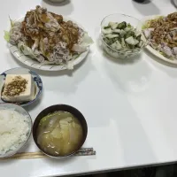晩御飯☆冷しゃぶ☆冷奴☆浅漬け（胡瓜・大根・大根葉）☆みそ汁（キャベツ・しめじ・じゃが芋・玉葱）|Saharaさん
