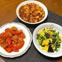 中華取り分け夕食〜トマト海老チリ、麻婆豆腐、生キクラゲと卵＆ほうれん草の炒め物、サラダ|柚子きりかさん