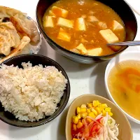 おっさん飯　マーボ豆腐風　餃子　汁　サラダ|ひげおやじさん