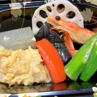 満中陰 仕上げ料理 瓦そばたかせ 仕出し弁当 炊き合わせ オクラ 人参 茄子 レンコン エビ 穴子に味付け崩し卵的な物 冬瓜|🐈⸒⸒⸒⸒つるのダンス🐈🐾さん