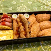 2025.6.17 息子弁当　◎おいなりさん　◎アジフライ　◎卵焼き　◎ちくわ胡瓜　◎グリルハムポテト| goroさん