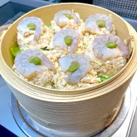 豆腐と鶏ひき肉と海老の蒸し物
