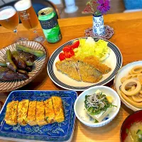 サバフライ・納得卵焼き・焼きそら豆・本茸煮・冷奴|じゅんさんさん