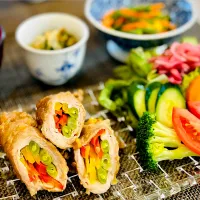 インゲンとパプリカの肉巻き定食