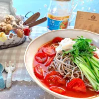 ミョウガと大葉香る冷やしトマトそば
カゴメ『アンナマンマ冷製パスタソース』使用|がぁがさん