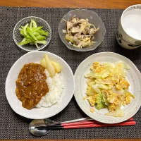チキンカレー、ツナ玉キャベツ炒め、セロリの浅漬け、蒸し野菜サラダ| 柚子きりかさん