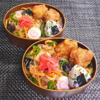 母とムスコのラブラブおソロ♪野菜たっぷり焼きうどん＆唐揚げ弁当|からあげビールさん