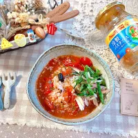 冷やしトマトそば汁で〆ごはん🍅
カゴメ『アンナマンマ冷製パスタソース』使用|がぁがさん