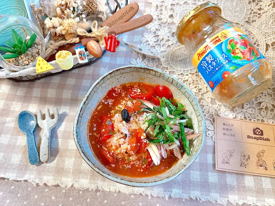 冷やしトマトそば汁で〆ごはん🍅
カゴメ『アンナマンマ冷製パスタソース』使用|がぁがさん
