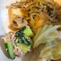 豚バラのもやしと厚揚げの煮込み、塩麹とキャベツ、ツナときゅうりサラダ|ハンバーグうーたんさん