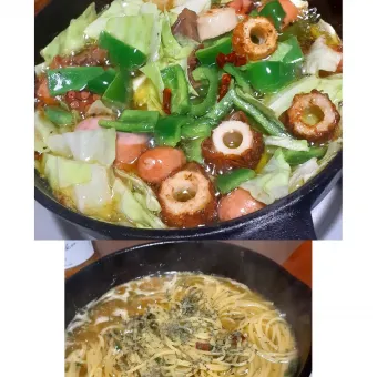 Snapdishの人気料理写真:アルモンデアヒージョ～✴️　　　　　からの～ペペロンチーノ🍝