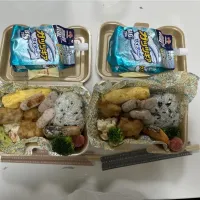 総体弁当。☆ガッツギア☆鮭☆プチトマト☆ブロッコリー☆卵焼き１本☆唐揚げ☆ゆかり入りソーセージ☆ポテトサラダ☆わかめごはんおにぎり|Saharaさん