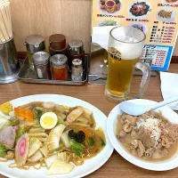 五目焼きそばとモツ煮（実況中継終了）|なびさん