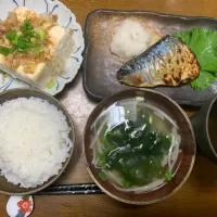 夕食　冷奴で晩酌　焼きサバ定食|ATさん