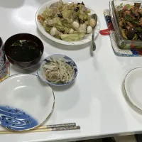 アルモンデ晩御飯☆ペペロン炒め（茄子・ピーマン・ブロックベーコン）☆もやしの酢の物☆八宝菜☆わかめスープ|Saharaさん