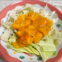 野鳥さんの参考に作ったオレンジマンゴー入りドレッシングでサラダ(レタス、カットキャベツ残り)|m.rafuさん
