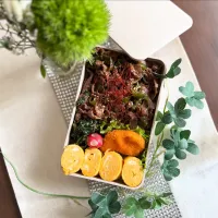 6/23❤︎主人の黒毛和牛とピーマン炒め丼弁当🌱
おはようございます☀
今日は朝から風がありちょっと過ごしやすくなりそうですね☺️

＊黒毛和牛とピーマン炒め
＊たまご焼き
＊海老寄せフライ
＊ほうれん草の胡麻和え|Makinsさん