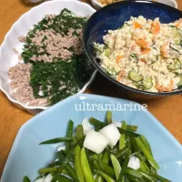 ＊イカとにんにくの芽の塩麹炒め、おからサラダ、にんじんの葉♪＊|ultramarineさん