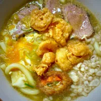 合鴨天ぷら卵とじカレーうどん|すくらんぶるえっぐさん