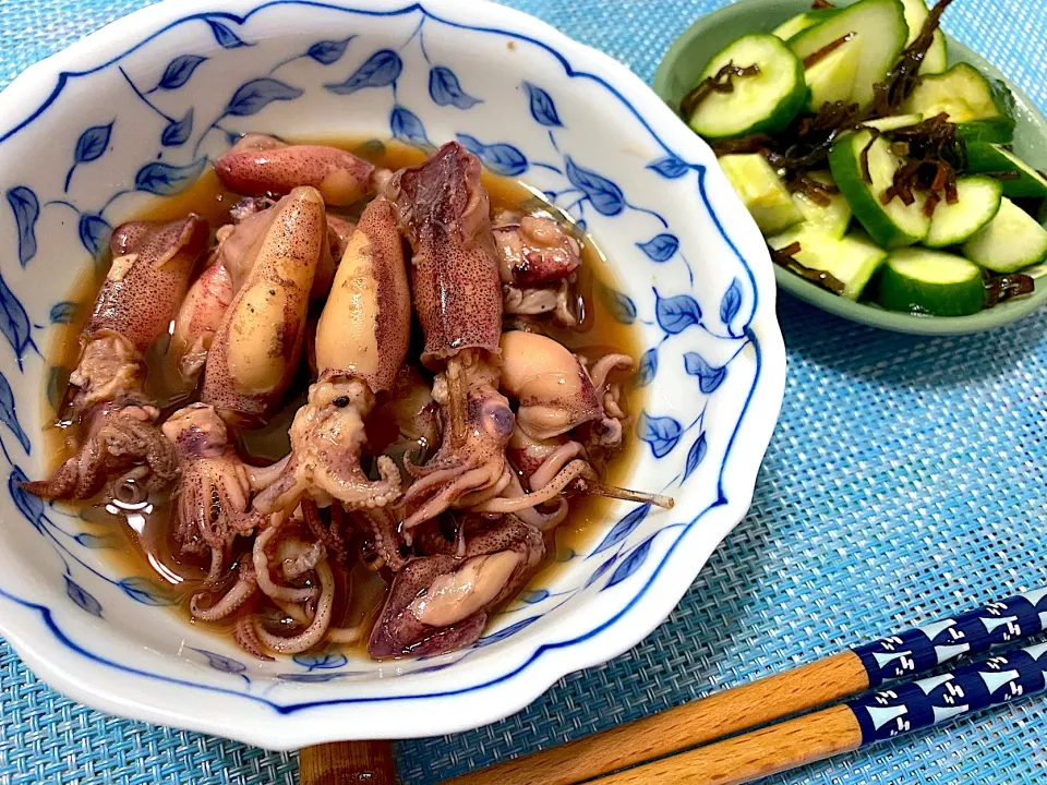 ヒイカの煮付け&キュウリの塩昆布和え|単身赴任のっちさん
