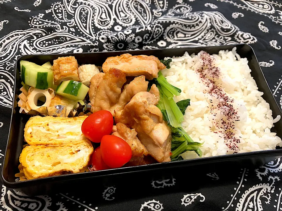 2025.6.28 息子弁当　◎チキン照り焼き　◎卵焼き　◎ちくわと胡瓜の和え物　◎大学芋|goroさん