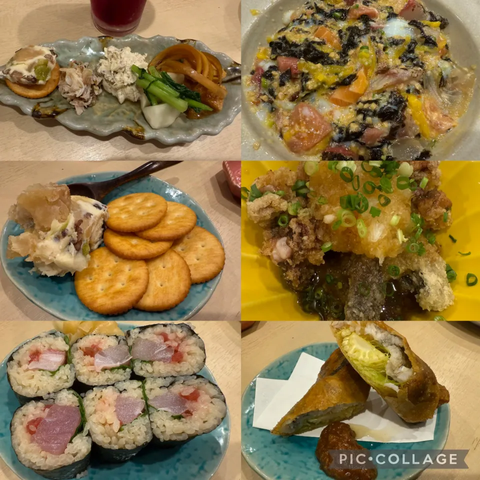 ご近所、武蔵小山@寿司とmasで夕食。おばんざい5点盛り、海鮮ばくだん、甘納豆マスカルポーネ、タコとごぼうの唐揚げ、ブリと梅、大葉巻き、鱧と旬ヤングコーンの春巻きを自家製味噌で。どれも最高。美味しくいただきました。|sniper66さん