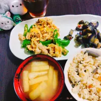 炊き込みご飯、にんじんと油揚げの味噌汁、ピーマンチャンプルー、ナスの佃煮|サトリさん
