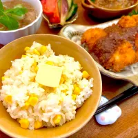 とうもろこしごはんとささみ味噌カツのおぼんごはん