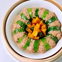 豚ひき肉、ズッキーニ、かぼちゃの中華風重ね蒸し|まゆさん