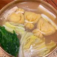 鹿児島にて・［黒豚料理あぢもり・特選黒しゃぶコース］・⑥野菜と巾着 😋✨（めっちゃ巾着が大きい😅笑）
