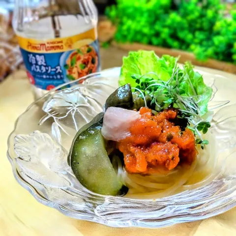 「アンナマンマ 冷製パスタソース」を使ってみたSnapdishの料理・レシピ写真:ナスとトマトの冷やしペペロンチーノ🍆🍅