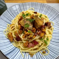 胡桃とベーコンのペペロンチーノ、あん肝ソテー添え|morimi32さん