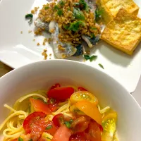 鯵のパン粉焼き、トマトの冷製パスタ🌟|kaokaoさん