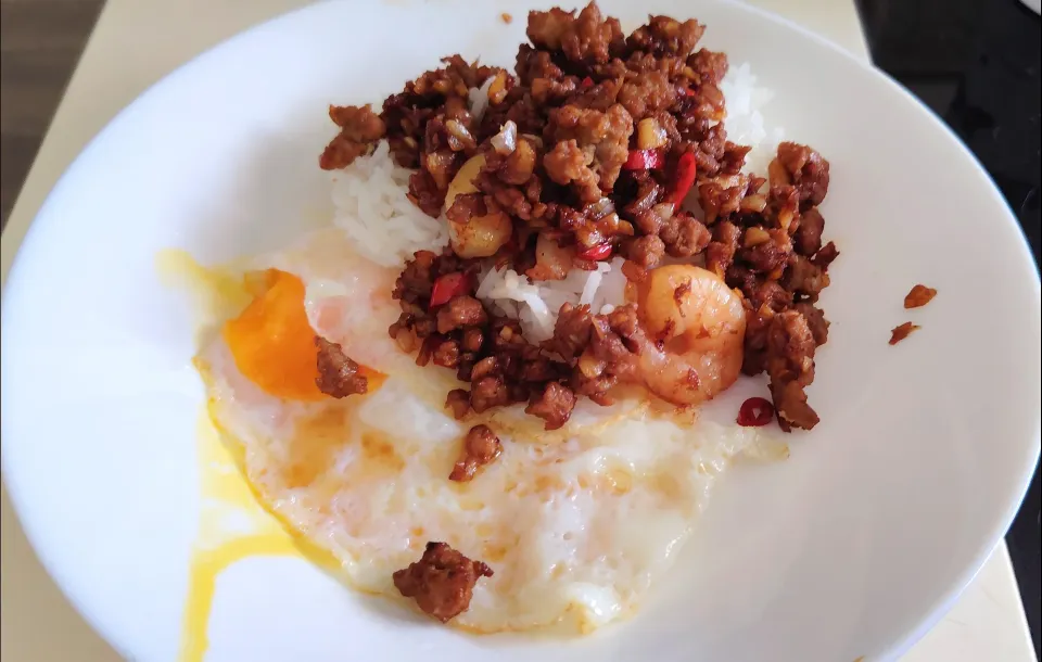 Spicy minced pork prawns rice with egg 😍💖🍚brunch|🍒lynnlicious🍒さん