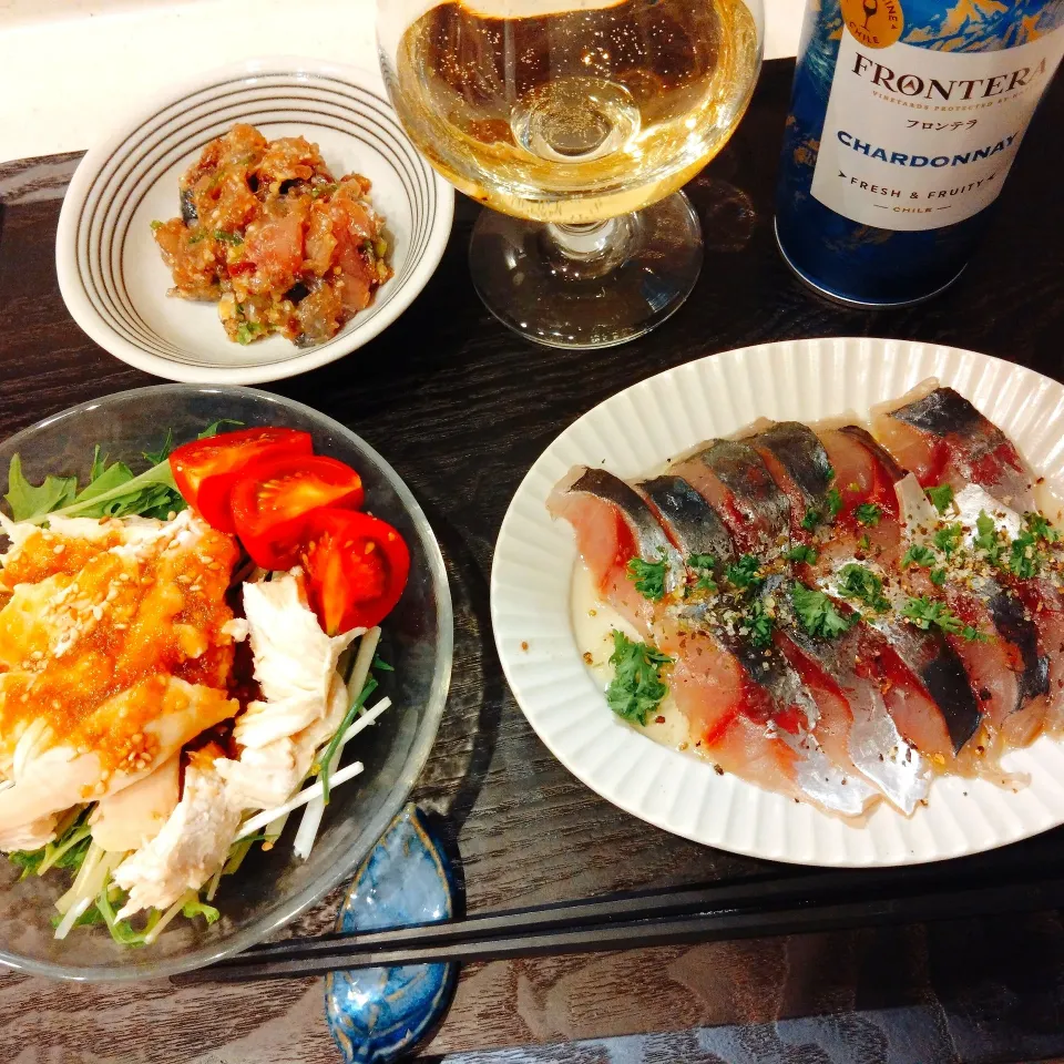 鯵のカルパッチョ 、鰺のなめろう、水菜と蒸し鶏のサラダ、白ワイン|samさん