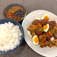 高校生息子のお昼ご飯🍚 肉団子の甘酢あんとチャプチェ🍚|Snow10さん