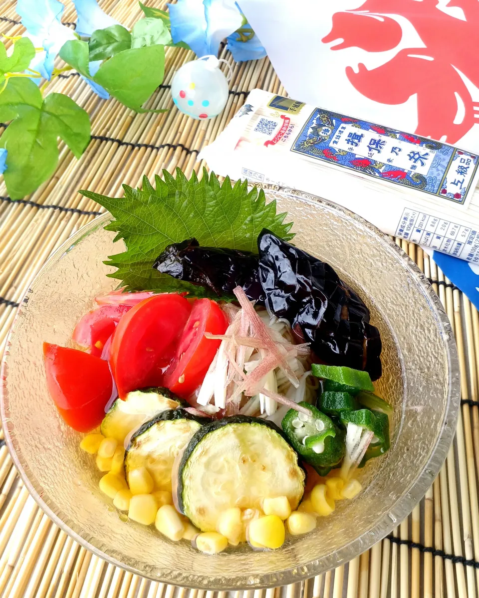 🎐🎇夏野菜具だくさんそうめん🎇🎐|おぜひめさん