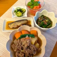 ☆肉じゃが　☆イワシ煮付け　☆たたきキュウリ梅肉大葉　☆冷しトマト　☆浅漬け|chikakoさん