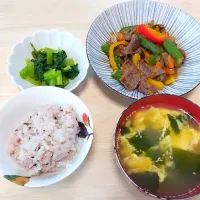 2025 0702　牛肉とオクラのスタミナ炒め　小松菜のおひたし　わかめ卵スープ|いもこ。さん