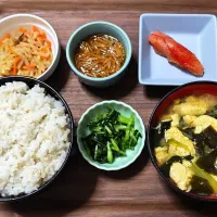 今日の朝ごはん（ごはんは高知県産仁井田米ひのひかり、辛子明太子、なめ茸、切り干し大根、小松菜とわかめと卵のみそ汁、京菜漬）|Mars＠釜飯作り研究中さん
