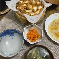 豚バラ豆腐キムチ巻き　山芋焼き　人参ナムル　土鍋ご飯　味噌汁|♡misaki♡さん