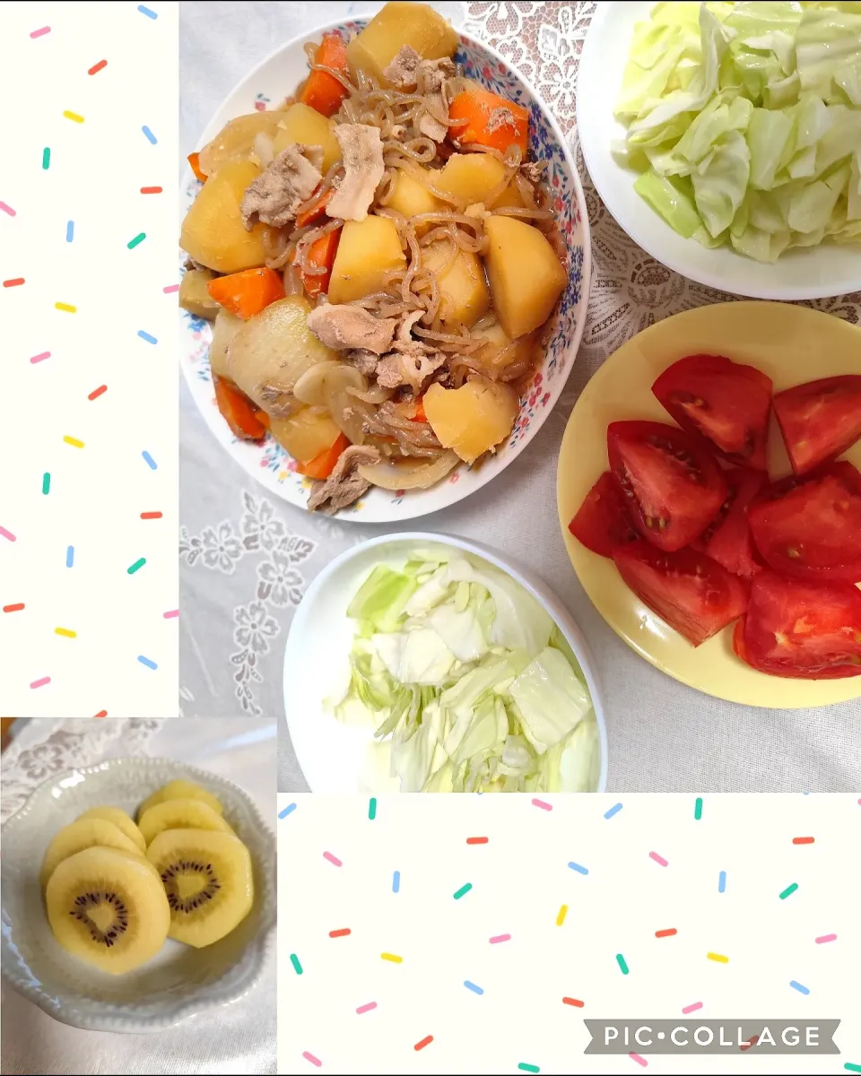肉じゃが、冷やしトマト、キャベツ(塩糀パウダーレモン汁)、ゴールドキウイ|m.rafuさん