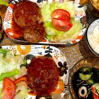 ハンバーグと酢の物で晩ごはん🍚