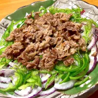 冷焼きしゃぶ 赤玉ねぎとピーマンを敷きつめて、ごま油で牛こま肉をさっと炒めるだけ、味付けはなし、最後に肉に一味をふりかけるだけ 冷しゃぶみたいな肉の臭みもなく熱々の炒め牛肉を乗せるので野菜も適度にしんなり 野菜はサラダになる野菜ならなんでも良いです！食べる時にポン酢をかけたら良いだけ、誰でも簡単にできます|🐈⸒⸒⸒⸒つるのダンス🐈🐾さん
