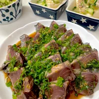 鰹のたたき。冷や汁冷奴。