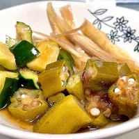 胡瓜、オクラ、茗荷の白だし漬け|もめんさん