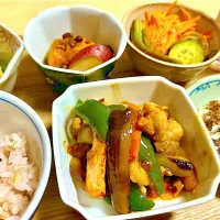 麻婆茄子、小松菜の煮浸し、南瓜とさつま芋の小豆煮、キャロットラペ、ズッキーニマリネ、しめ鯖、小豆入りもち麦ご飯|Hiroeさん