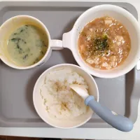 【離乳食完了期】☀真鱈のじゃがいもトマト煮・さつまいもほうれん草ポタージュ・真鱈出汁ごはん(レバー粉末かけ)|souさん