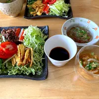 ランチは瓦そば風具沢山な茶蕎麦＊ところてん＊白菜とオクラコチュジャンスープ|さくたえさん