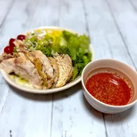 酒蒸しチキンとザルラーメン(*´艸`)|antiqueさん